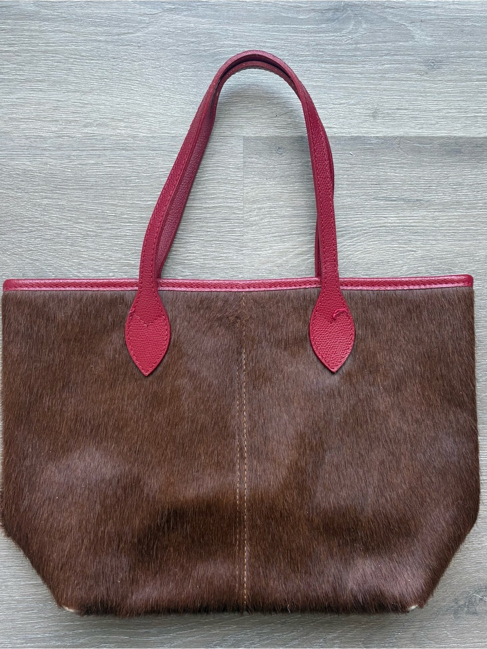 Maurizio Taiuti Brown Haircalf Tote with Red Leather Handles